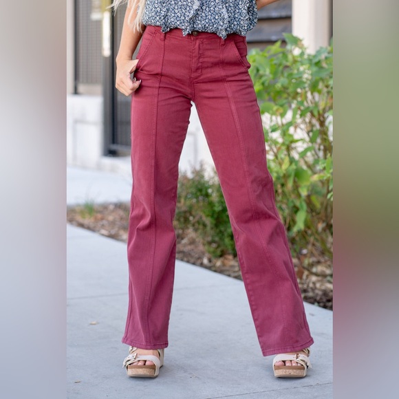 Judy Blue Denim - Judy Blue Jeans Women’s 26 Belfast High Rise Wide Leg Deep Red Denim Burgundy